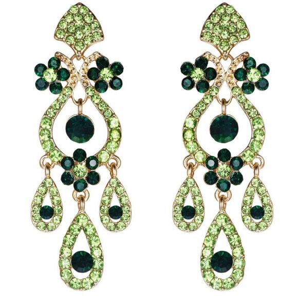 Yellow Gold with Emerald Peridot Green Austrian Crystal Vase Chandelier Earrings